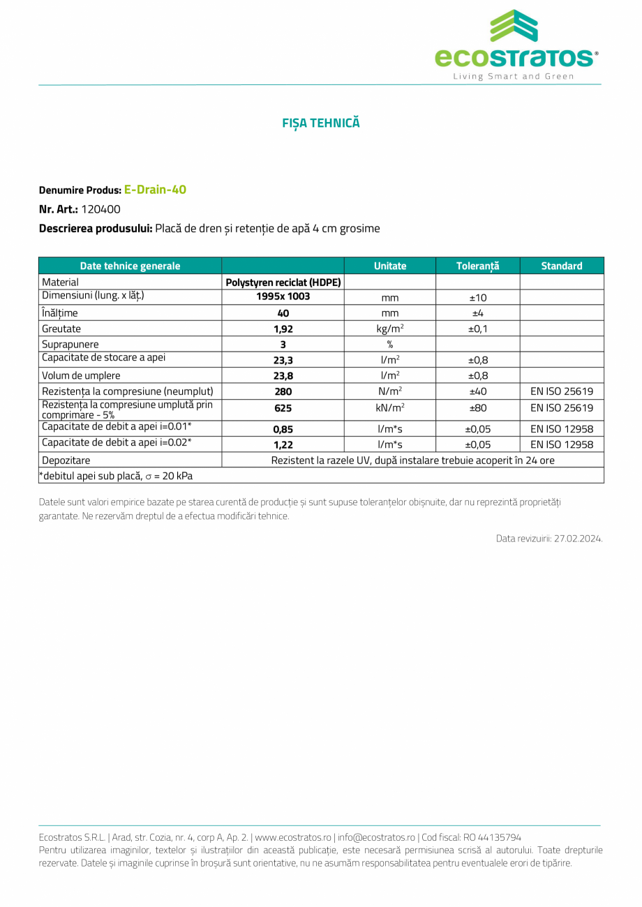 Pagina 3-E-Drain-40 Placa de dren ECOSTRATOS Fisa tehnica Romana anal pentru ape pluviale cu găurile de...