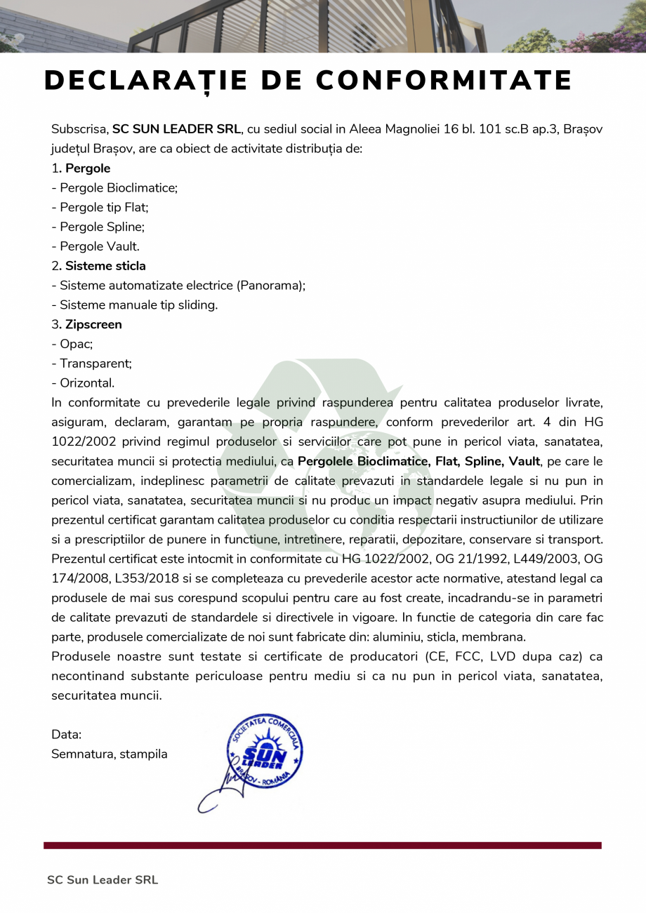 Pagina 3-Declaratie de sustenabilitate si conformitate - Pergole retractabile SUN LEADER Certificare produs...