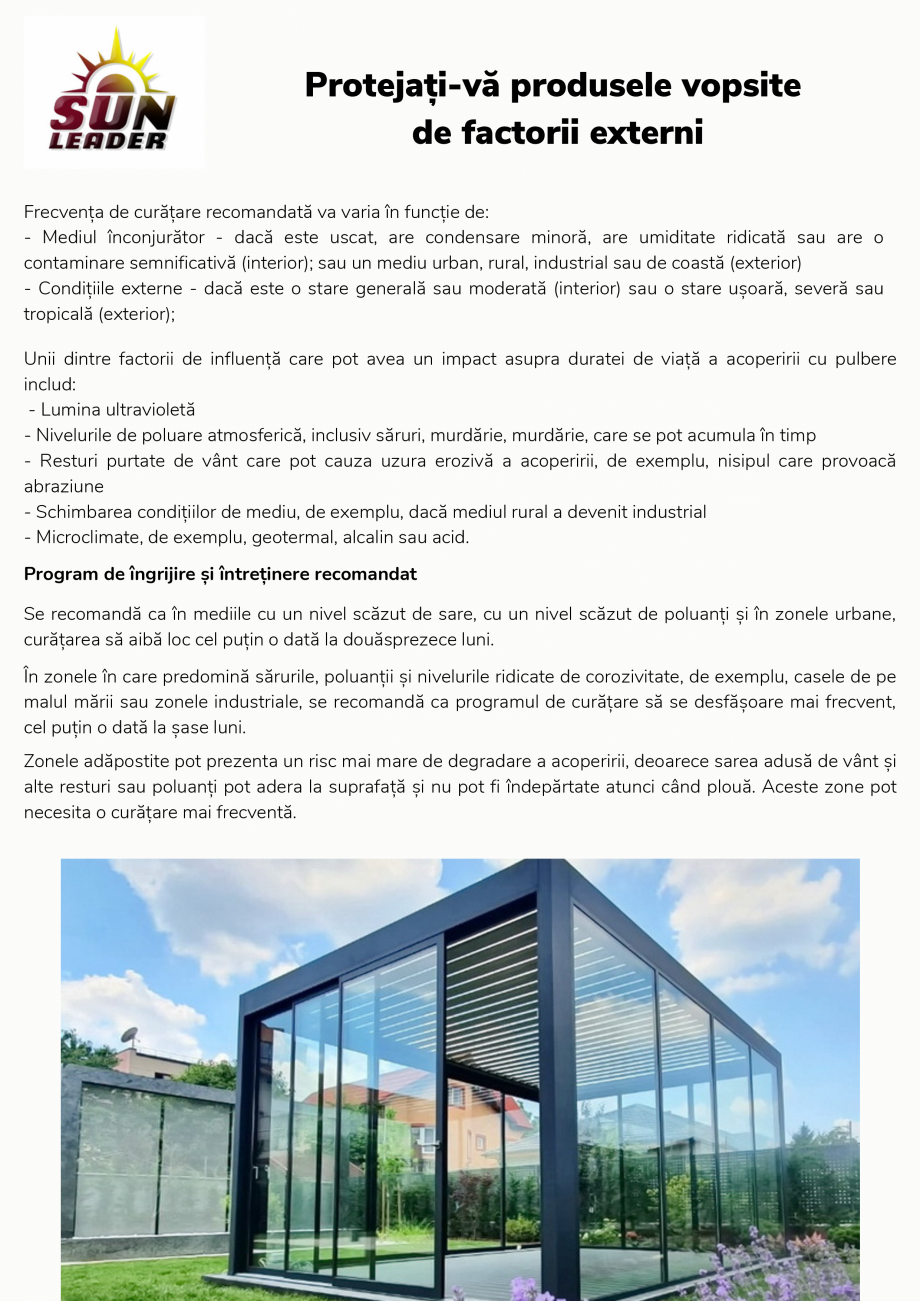 Pagina 3-SUN LEADER- Instructiuni de curatare suprafete vopsite SUN LEADER Instructiuni montaj, utilizare...