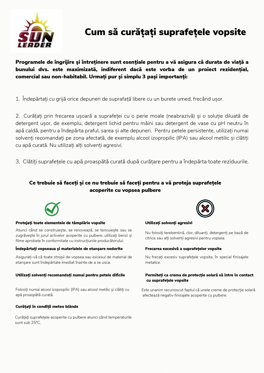 Pagina 4-SUN LEADER- Instructiuni de curatare suprafete vopsite SUN LEADER Instructiuni montaj, utilizare...