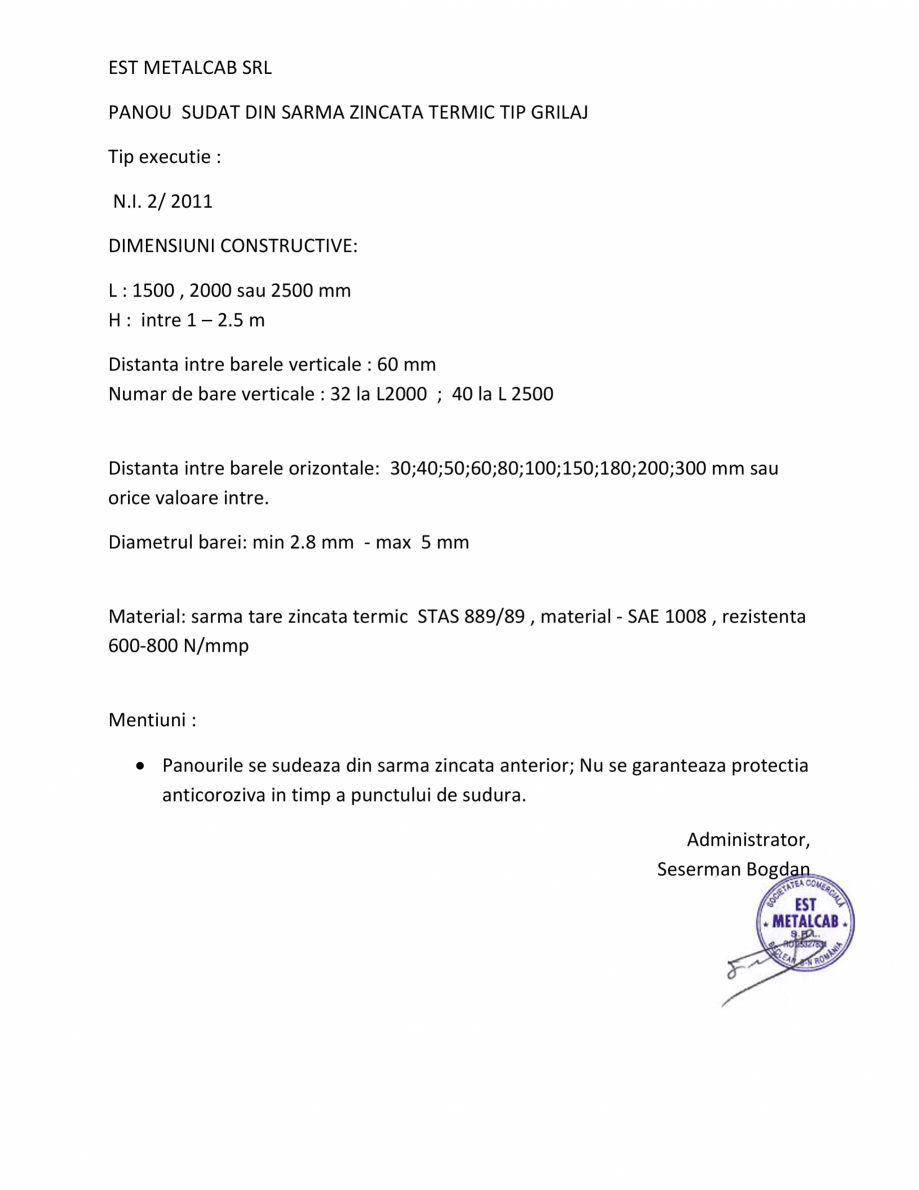 Pagina 1-Panou sudat din sarma zincata termic tip grilaj EST METALCAB Sudat zincat Fisa tehnica EST METALCAB ...