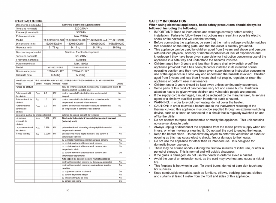 Pagina 3 - Seminee electrice  ONITRADE 4802, 5001, 5201, 6001, 7001 Specificații tehnice Engleza,...