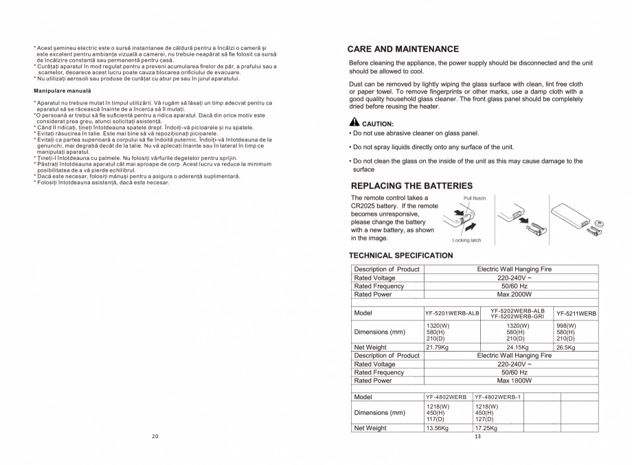 Pagina 13 - Seminee electrice  ONITRADE 4802, 5001, 5201, 6001, 7001 Specificații tehnice Engleza, ...