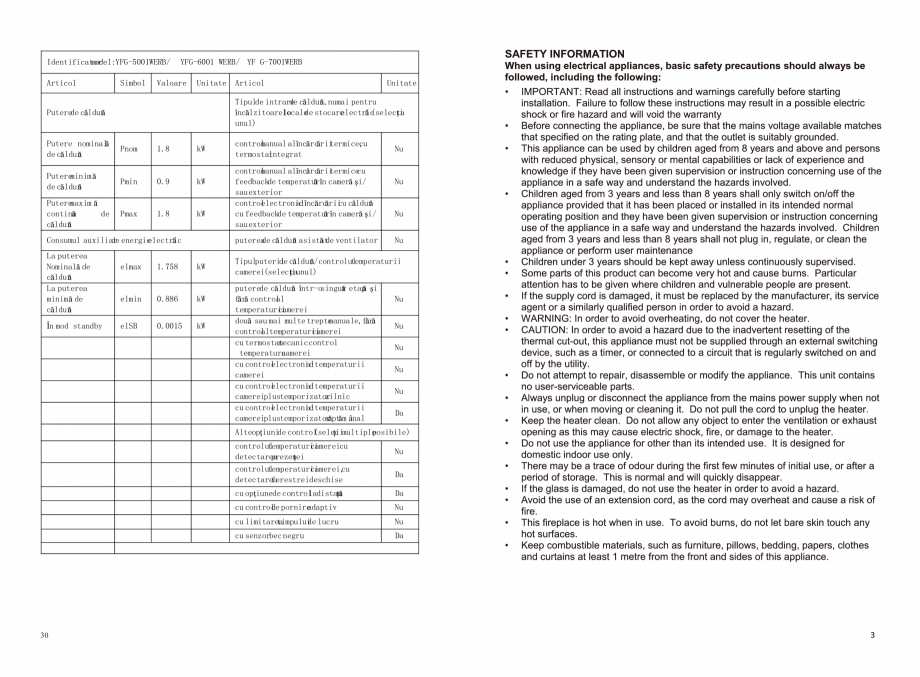 Pagina 3 - Seminee electrice ONITRADE 5001, 6001, 7001 Specificații tehnice Engleza, Romana te...