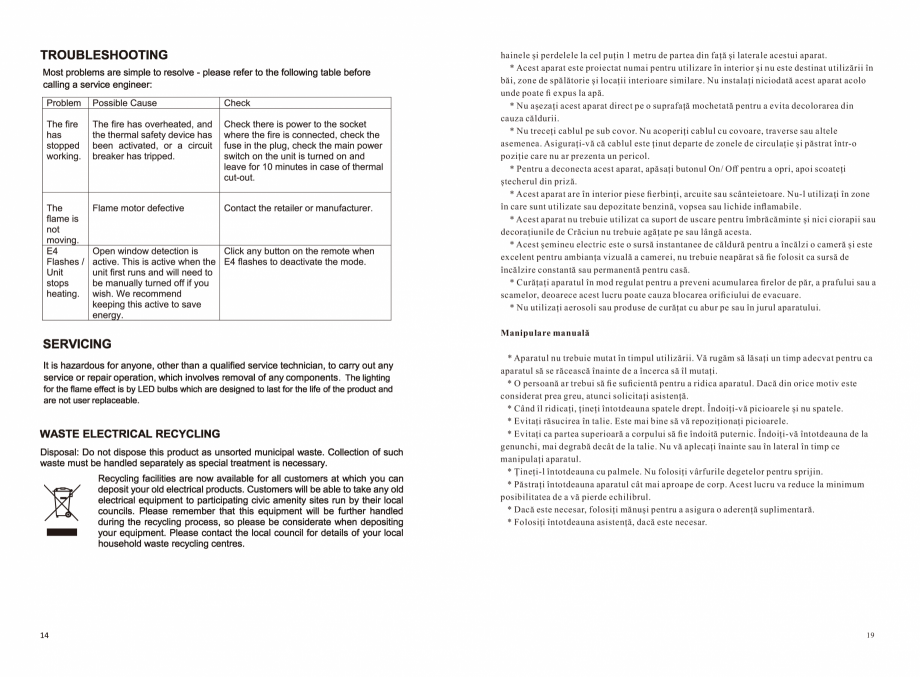 Pagina 14 - Seminee electrice ONITRADE 5001, 6001, 7001 Specificații tehnice Engleza, Romana...