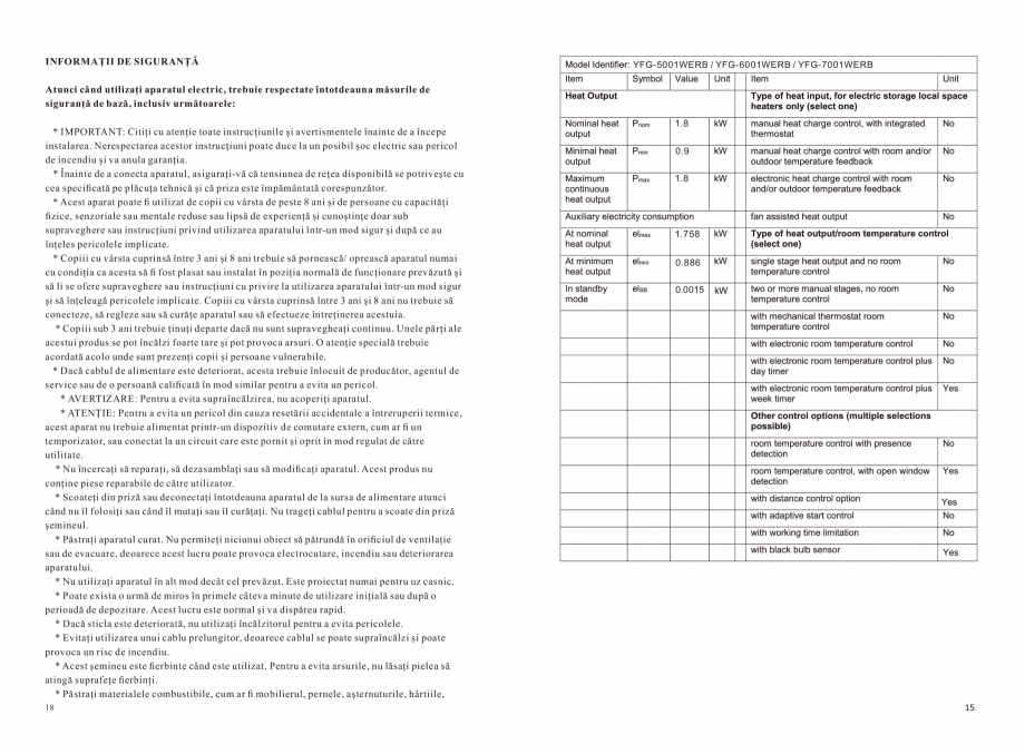Pagina 15 - Seminee electrice ONITRADE 5001, 6001, 7001 Specificații tehnice Engleza, Romana wer...