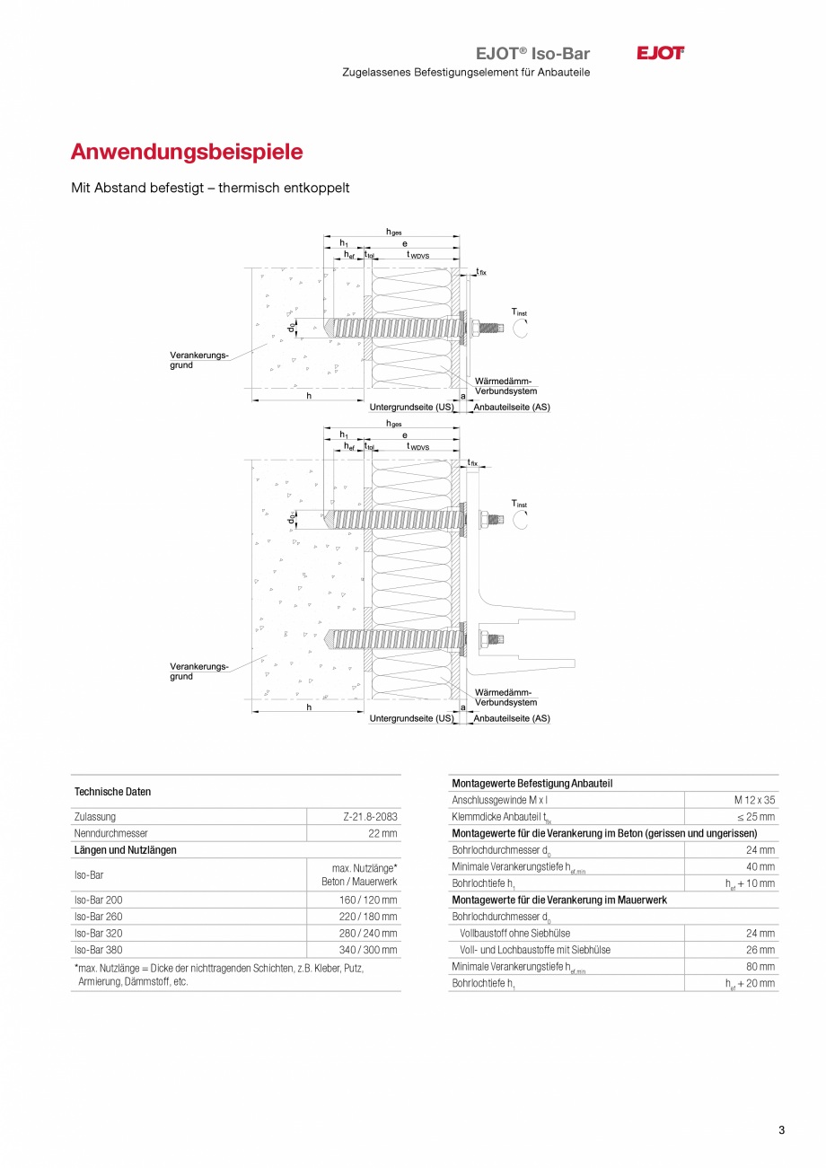 Pagina 3-Brosura ancora de fatada EJOT Iso-Bar Catalog, brosura Germana uteil
Anschlussgewinde M x I
M 12 x...