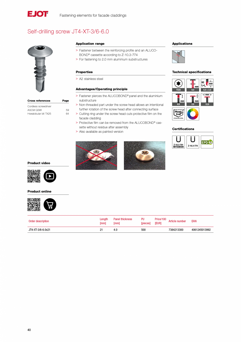 Pagina 40-Fațade cu paravan &icirc;mpotriva ploii EJOT Catalog, brosura Engleza ning of the
screw

Notice...