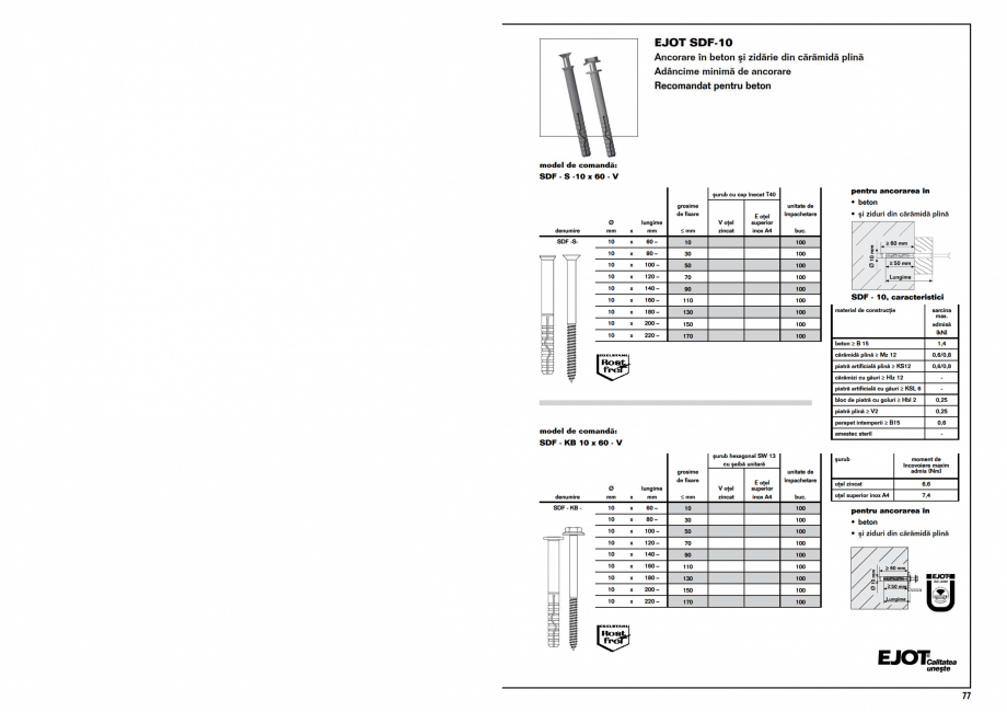 Pagina 1-Ancora in beton si ziduri din caramida plina SDF-10 EJOT Fisa tehnica Romana 