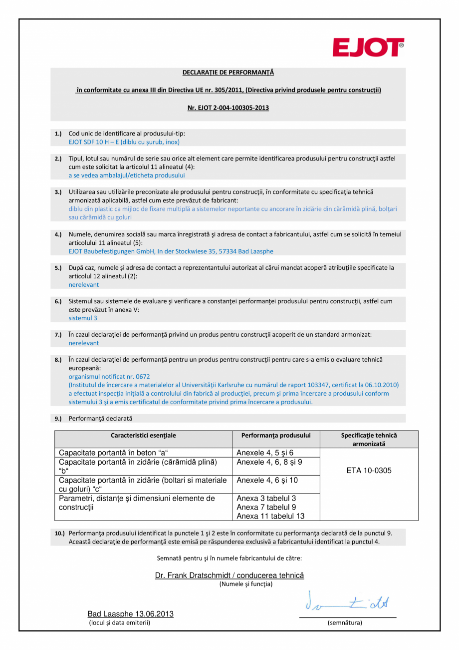 Pagina 1-Declaratie de performanta ancora SDF-10H-E (diblu cu surub,inox) EJOT Certificare produs Romana...