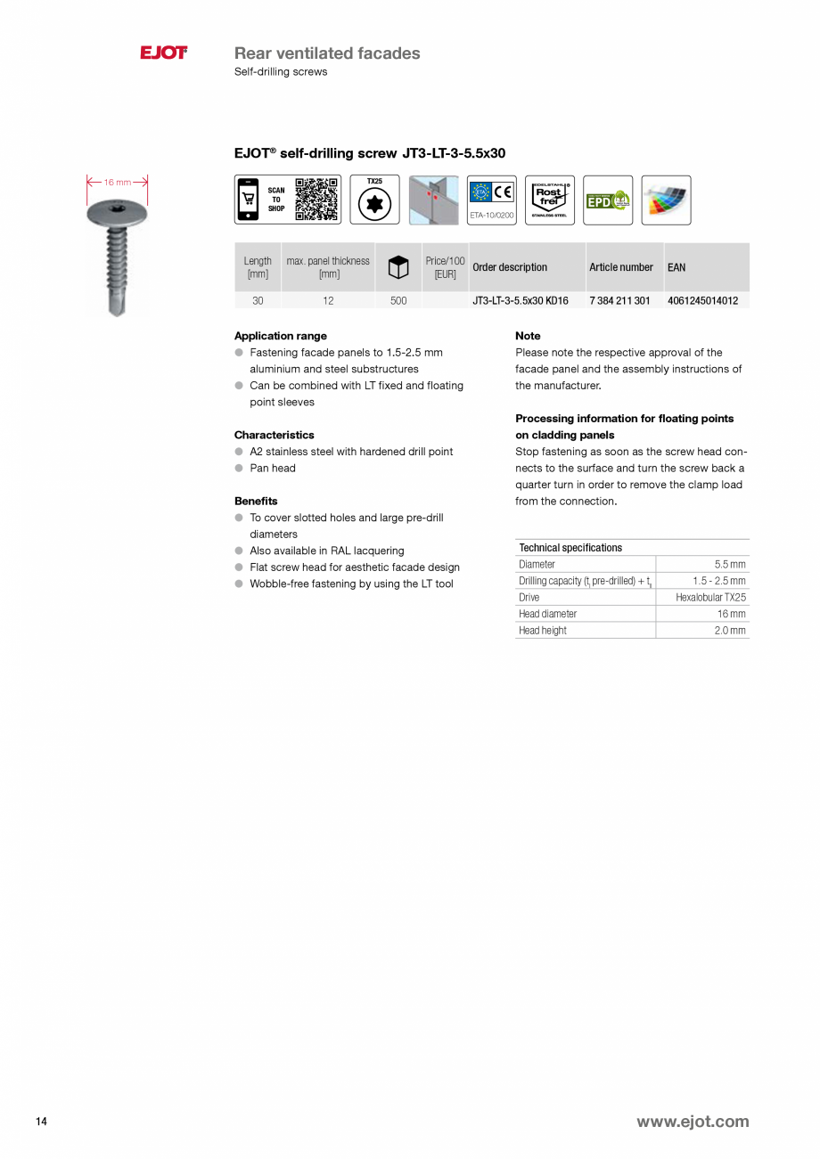 Pagina 14-Fixari fatade ventilate EJOT Catalog, brosura Engleza hread-free part under the screw head
allows an...