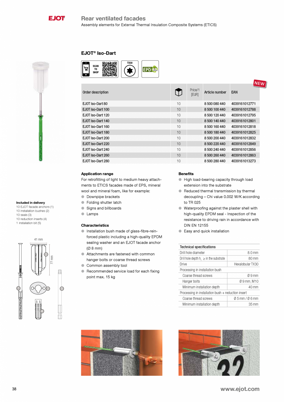 Pagina 38-Fixari fatade ventilate EJOT Catalog, brosura Engleza 09 kN
Side load MRk,s at hnom,2 = 50 mm
Anchor...