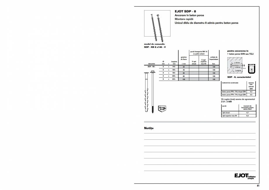 Pagina 1-Ancora beton poros SDP-8 EJOT Fisa tehnica Romana 