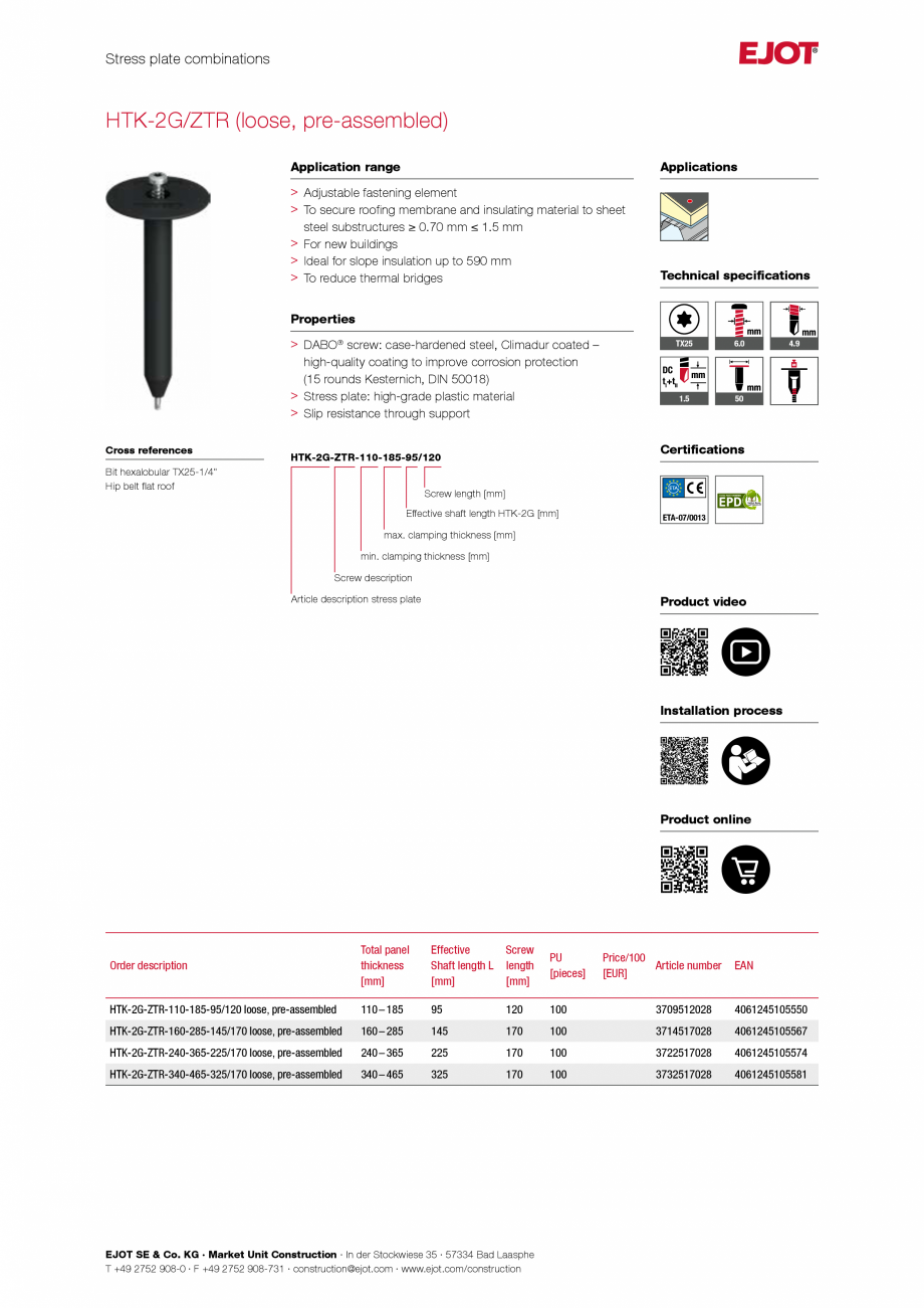 Pagina 1-Fisa tehnica element de fixare reglabil, preasamblat EJOT HTG-2G/ZTR Fisa tehnica Engleza Stress...