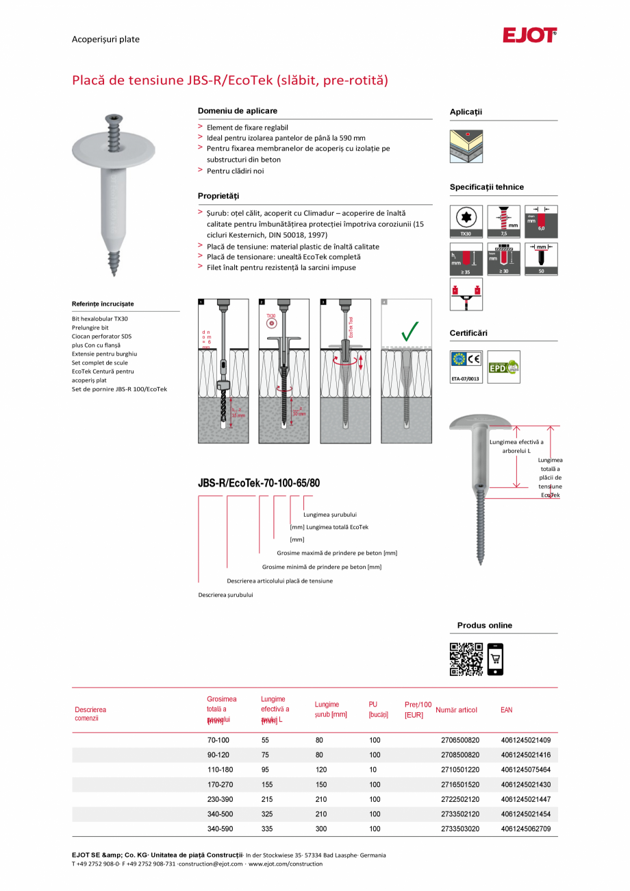 Pagina 1-Fisa tehnica surub beton + taler de susținere EJOT JBS-R/EcoTek Fisa tehnica Romana Acoperișuri...