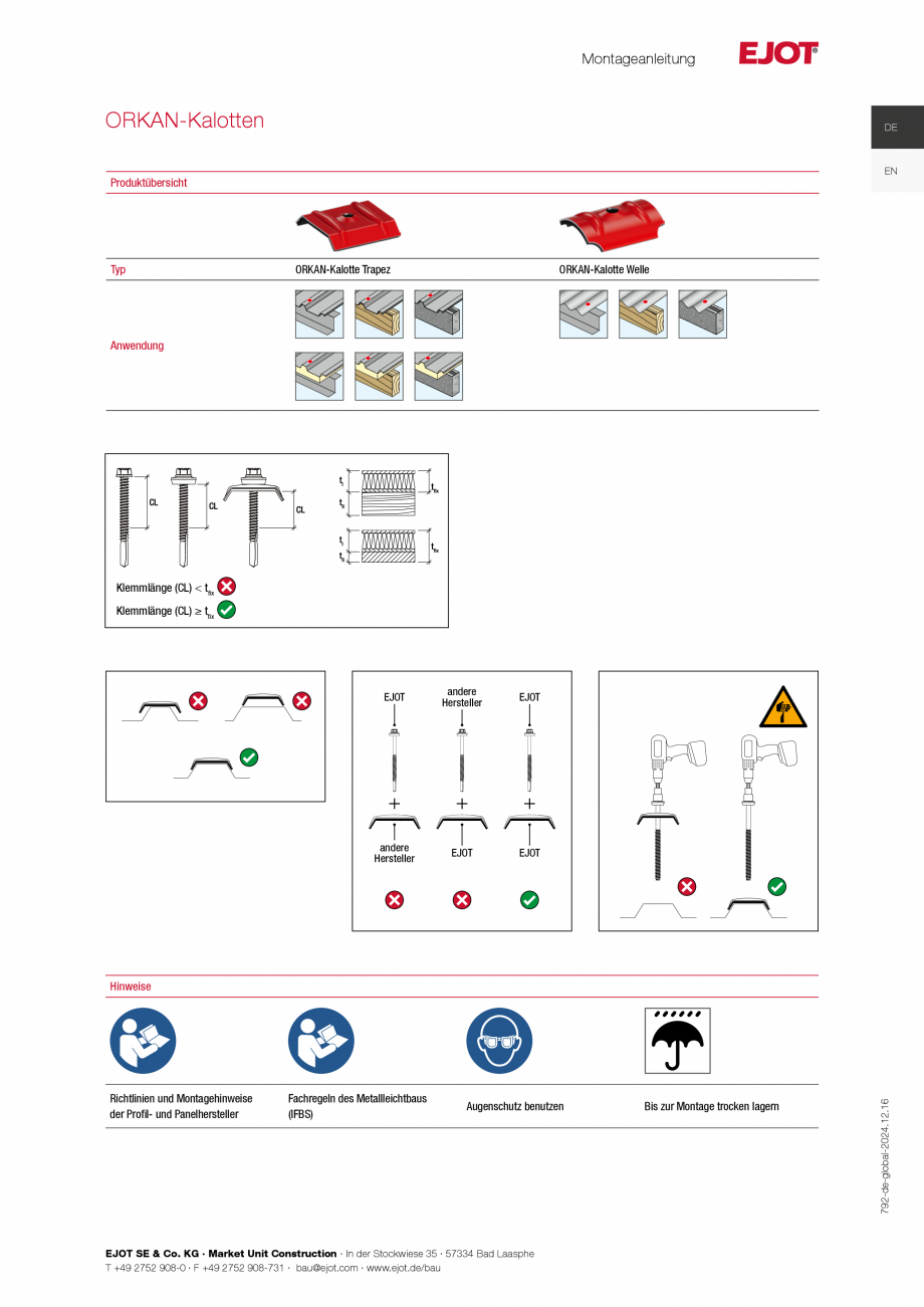 Pagina 1-Detalii tehice calota din aluminiu pentru profile trapezoidale și panouri tip sandwich EJOT ORKAN...