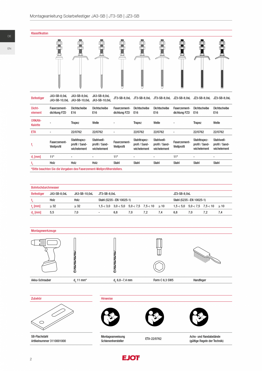Pagina 2-Istructiuni de asamblare sisteme de fixare pentru instalații solare și fotovoltaice EJOT ...