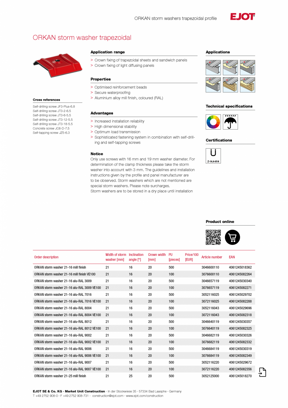 Pagina 1-Fisa tehnica calotă din aluminiu pentru profile trapezoidale și panouri tip sandwich EJOT ORKAN...