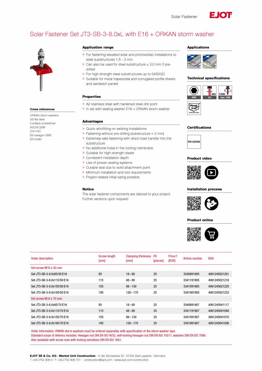 Pagina 1-Fisa tehnica sistem de fixare pentru instalații solare și fotovoltaice JT3-SB-3-8,0xL cu șaibă...