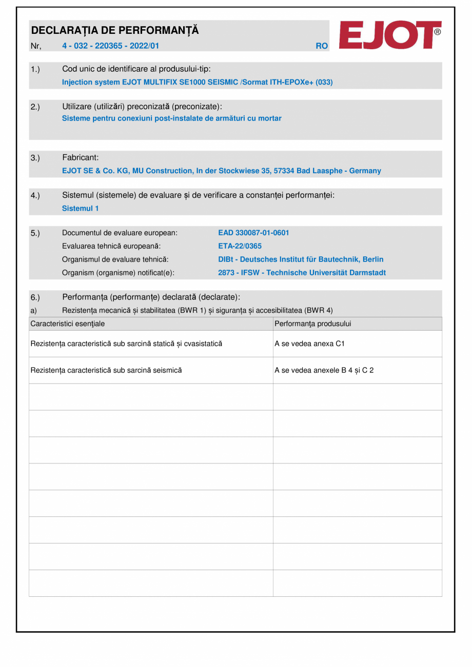 Pagina 1-Declaratie de performanta mortar chimic EJOT SE 1000 Certificare produs DECLARAȚIA DE PERFORMANȚĂ...