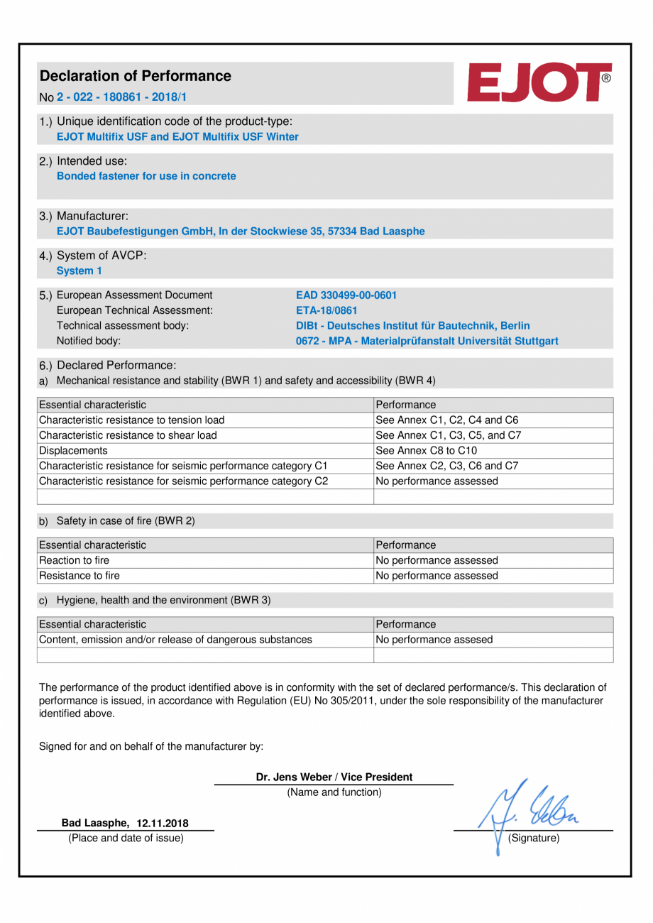 Pagina 1-Declaratie de performanta mortar chimic EJOT Multifix USF Certificare produs Engleza Declaration of ...