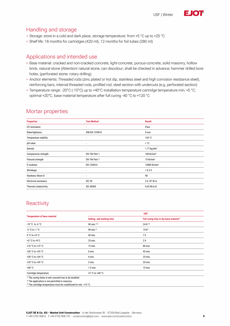 Pagina 4-Detalii tehnice mortar chimic USF/ USF Winter EJOT Multifix USF Catalog, brosura Engleza 
rebar acc....