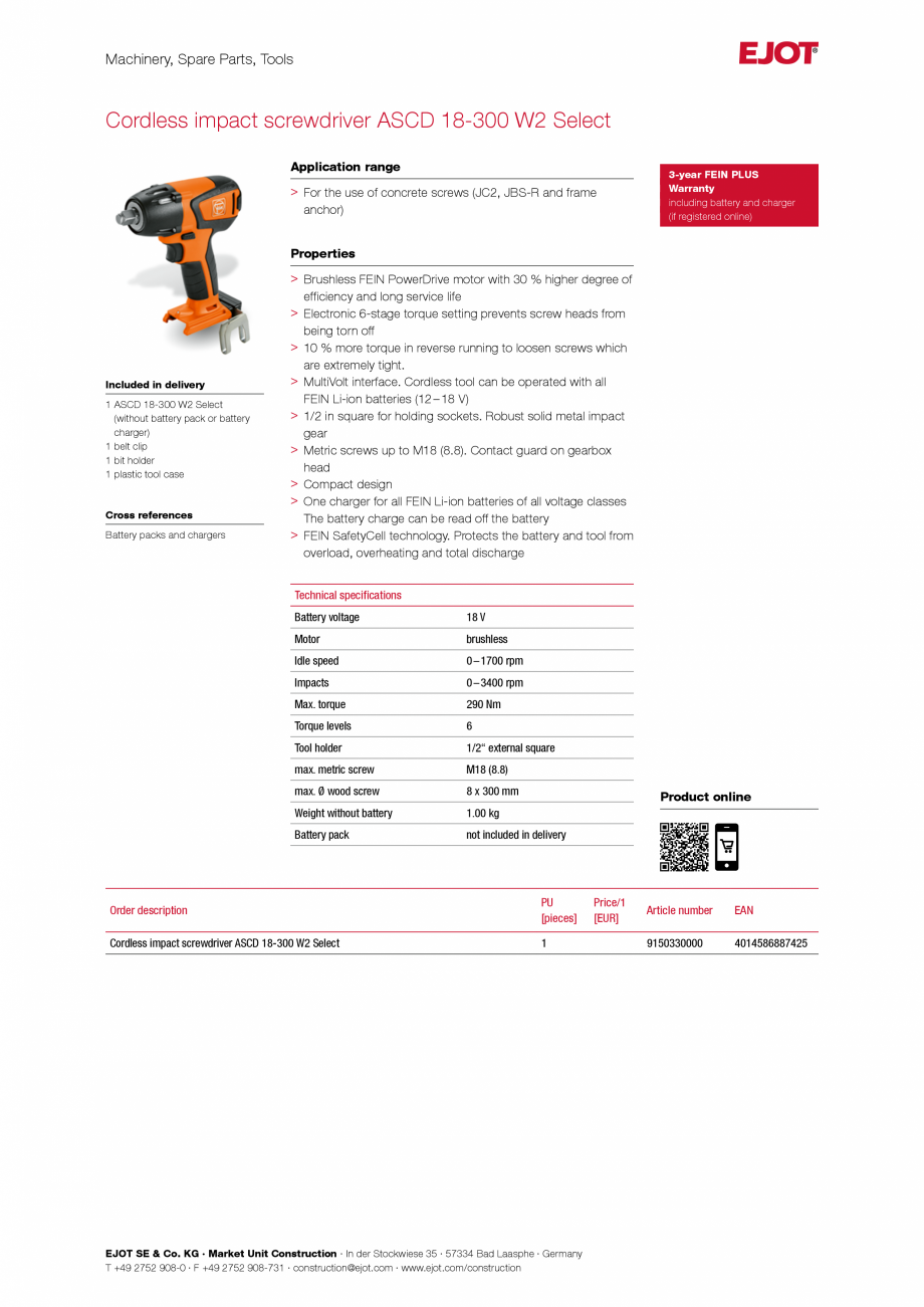 Pagina 1-Fisa tehnica surubelniță cu percuție fără fir  EJOT ASCD 18 Fisa tehnica Engleza Machinery,...
