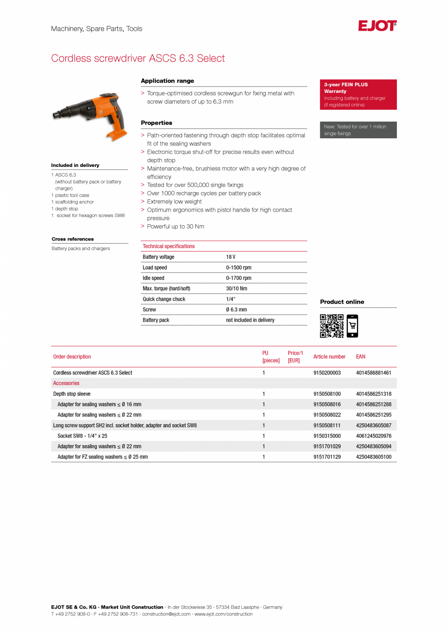 Pagina 1-Fisa tehnica surubelniță metalică fără fir EJOT ASCS 6.3 Select Fisa tehnica Engleza Machinery,...