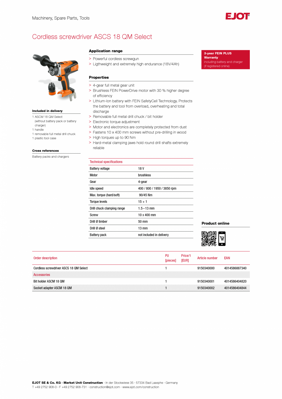Pagina 1-Fisa tehnica surubelniță fără fir cu 4 trepte EJOT ASCM 18 QX Fisa tehnica Engleza Machinery,...