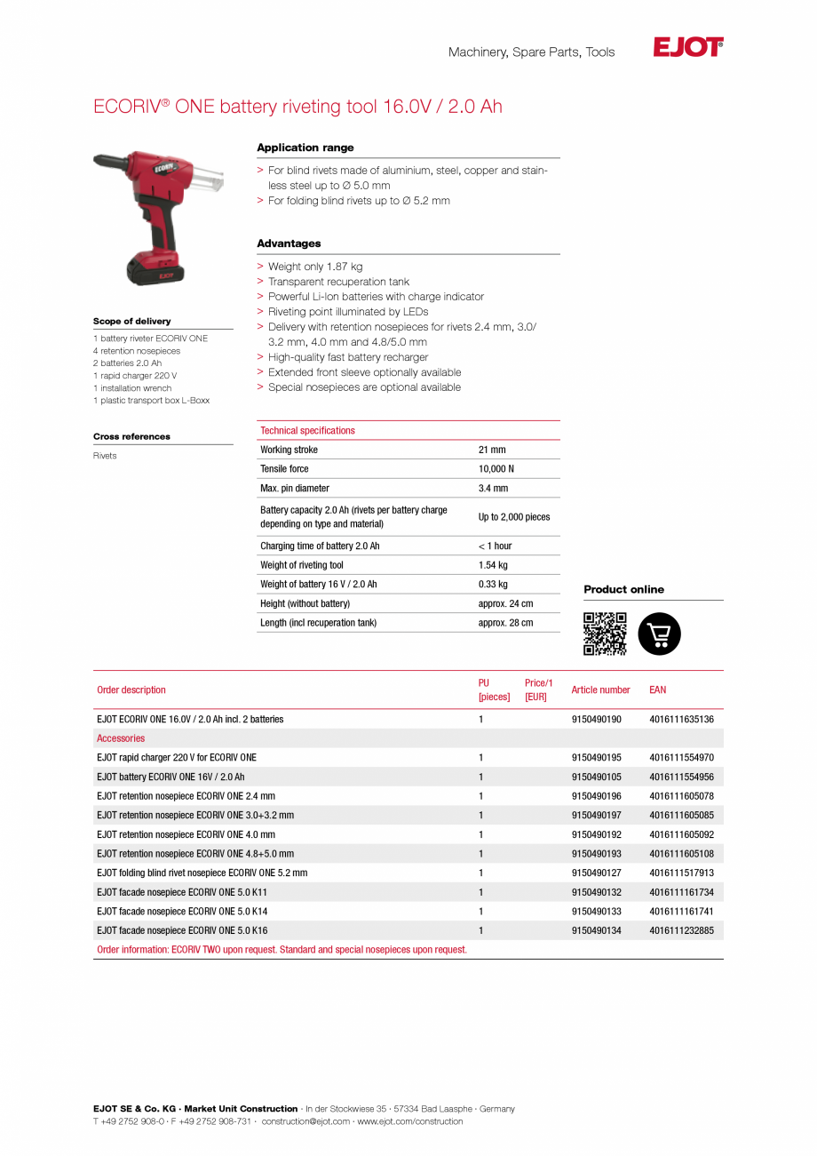 Pagina 1-Fisa tehnica unealta de nituit cu baterie EJOT ECORIV&reg; ONE Fisa tehnica Engleza Machinery, Spare...