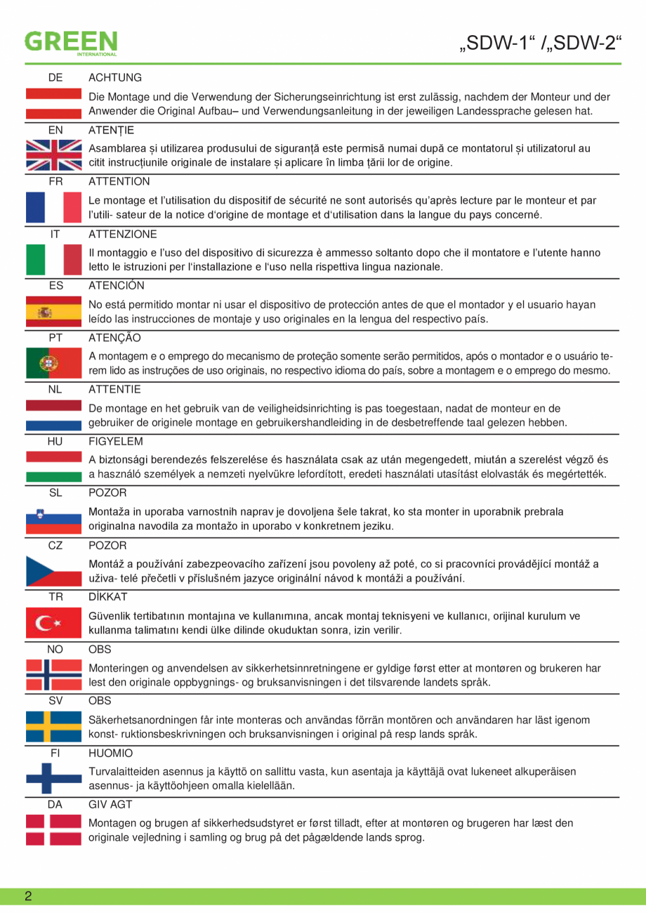 Pagina 2-Fisa tehnica sistem siguranta SDW-1/ SDW-2 GRUN Fisa tehnica Romana ‘installazione e l‘uso nella...