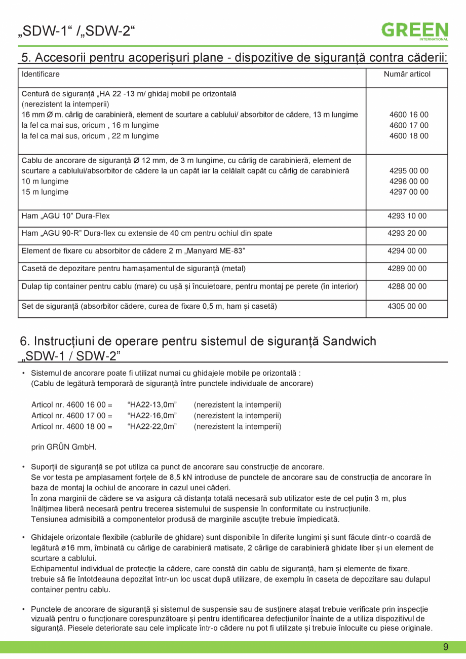 Pagina 9-Fisa tehnica sistem siguranta SDW-1/ SDW-2 GRUN Fisa tehnica Romana dente, prin inspecție vizuală ...