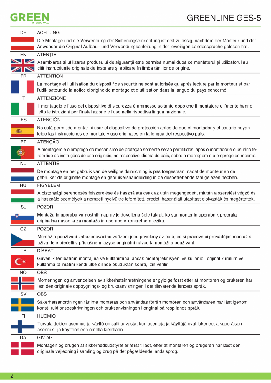 Pagina 2-Fisa tehnica sistem siguranta Greenline GES-5 GRUN Fisa tehnica Romana uso nella rispettiva lingua...