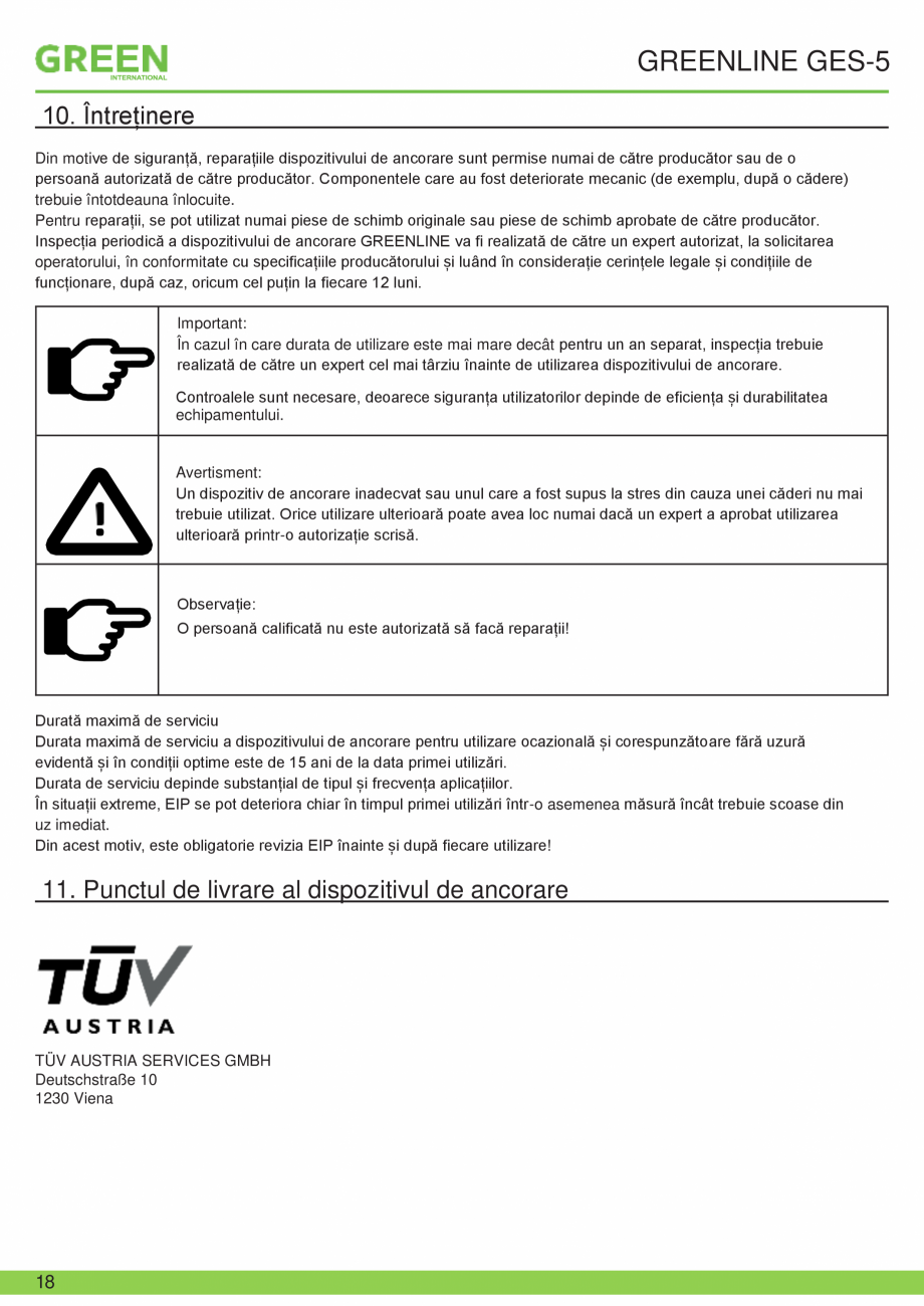 Pagina 18-Fisa tehnica sistem siguranta Greenline GES-5 GRUN Fisa tehnica Romana ilor (EN 361) și ale...