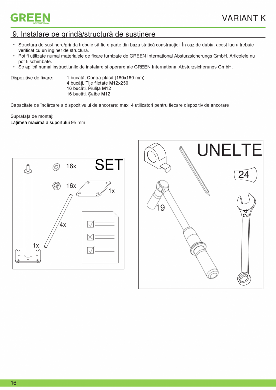 Pagina 16-Fisa tehnica sistem siguranta Variant K GRUN Fisa tehnica Romana riant K pe șina acoperișului cu...