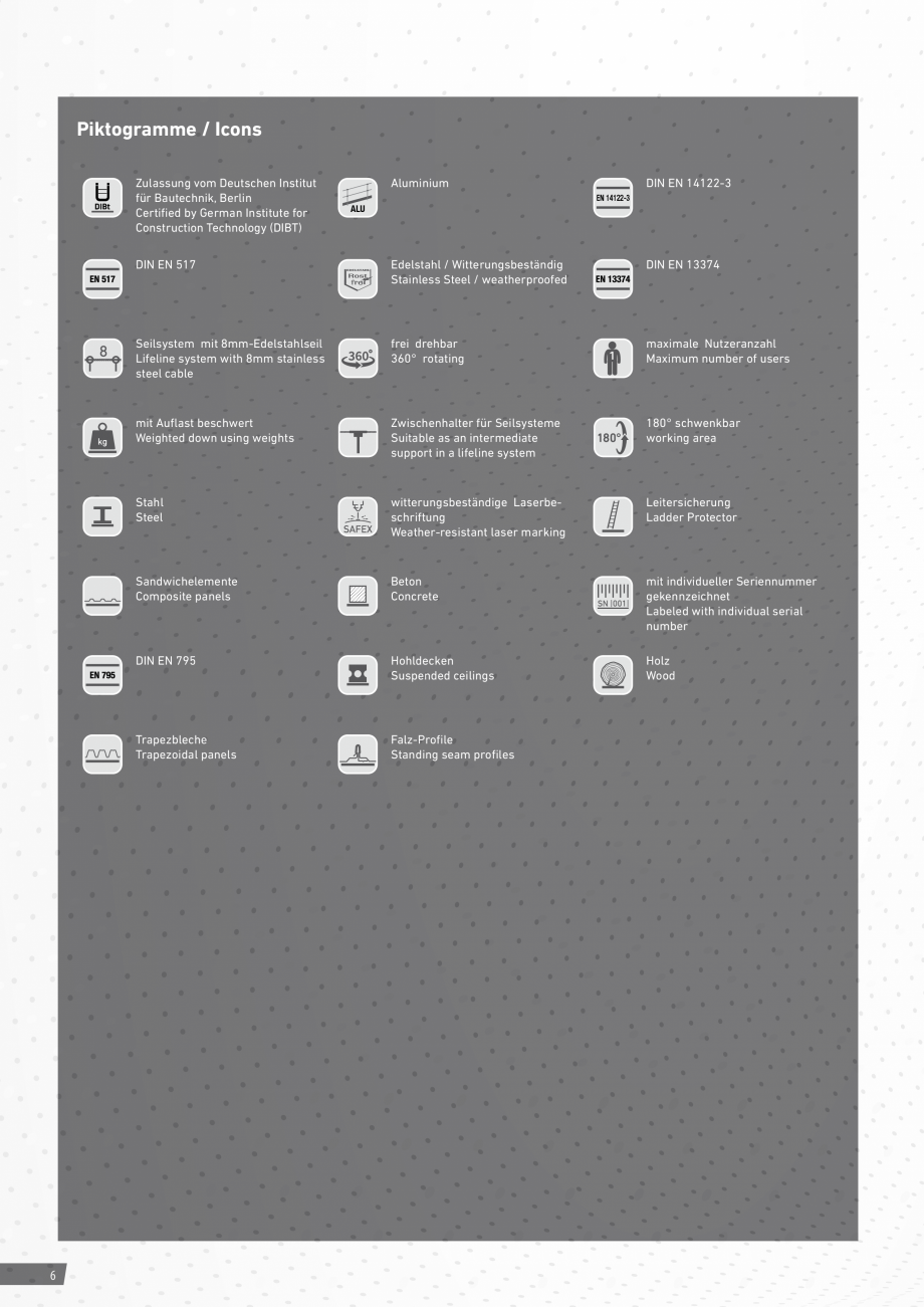 Pagina 6-Catalog sisteme de siguranta pentru acoperisuri GRUN Catalog, brosura Engleza, Germana N EN 14122-3
...