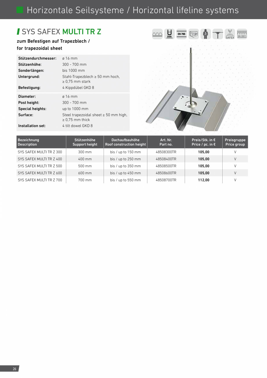 Pagina 26-Catalog sisteme de siguranta pentru acoperisuri GRUN Catalog, brosura Engleza, Germana 
≥ 5 mm...