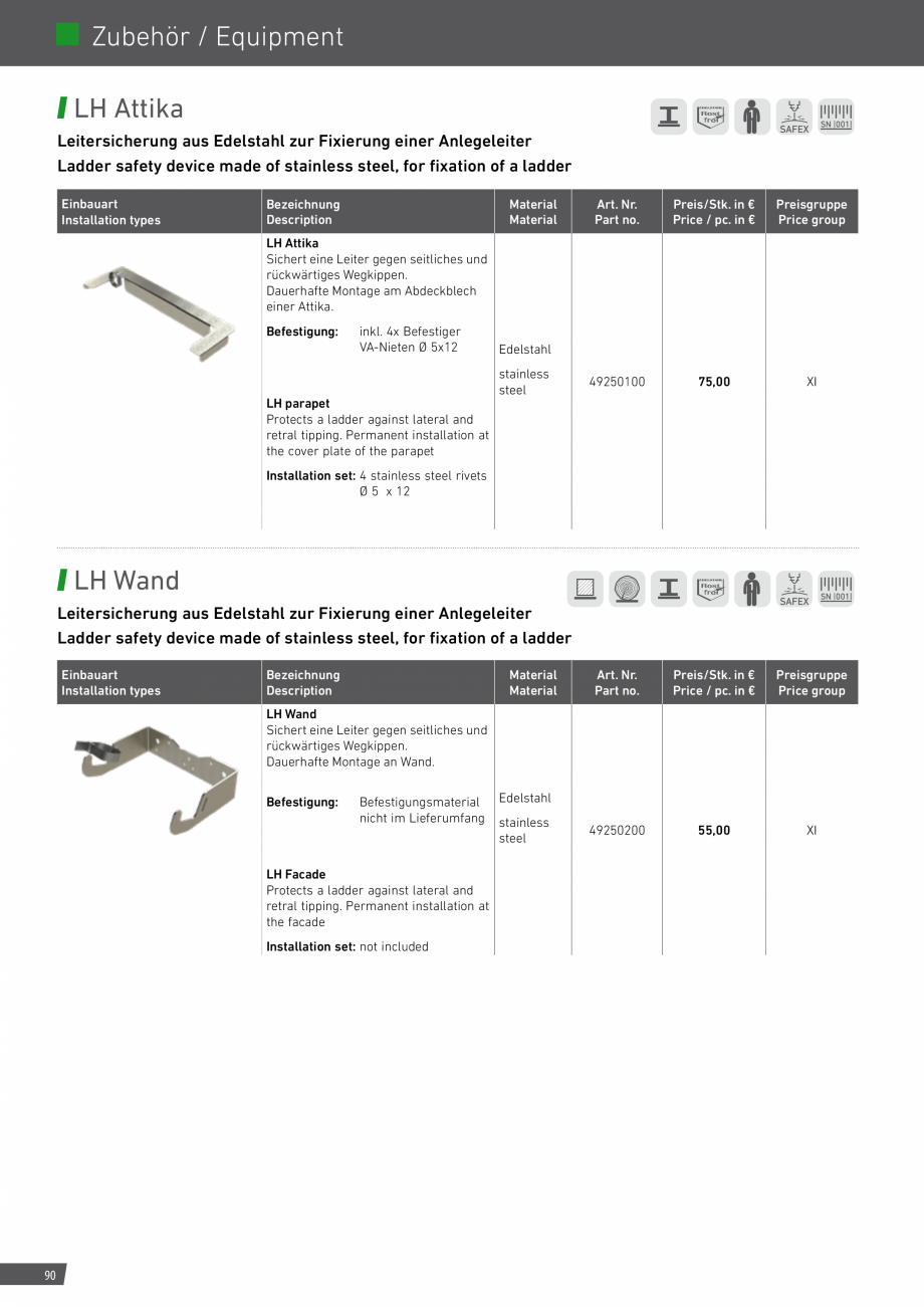 Pagina 90-Catalog sisteme de siguranta pentru acoperisuri GRUN Catalog, brosura Engleza, Germana ariable,...