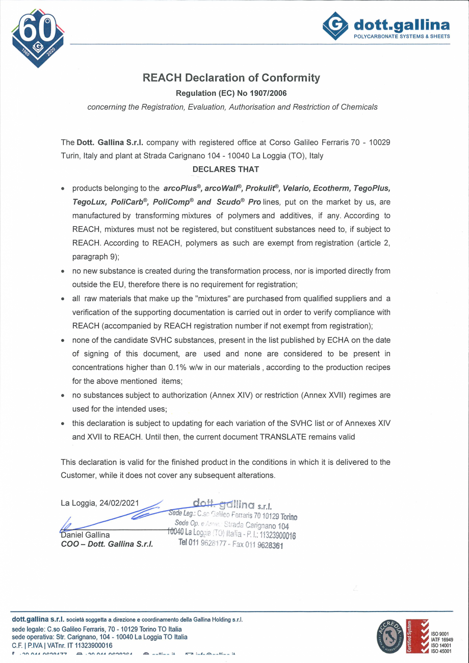 Pagina 1-Declaratie de conformitate REACH pentru policarbonatul celular DOTT GALLINA DOTT GALLINA Certificare...