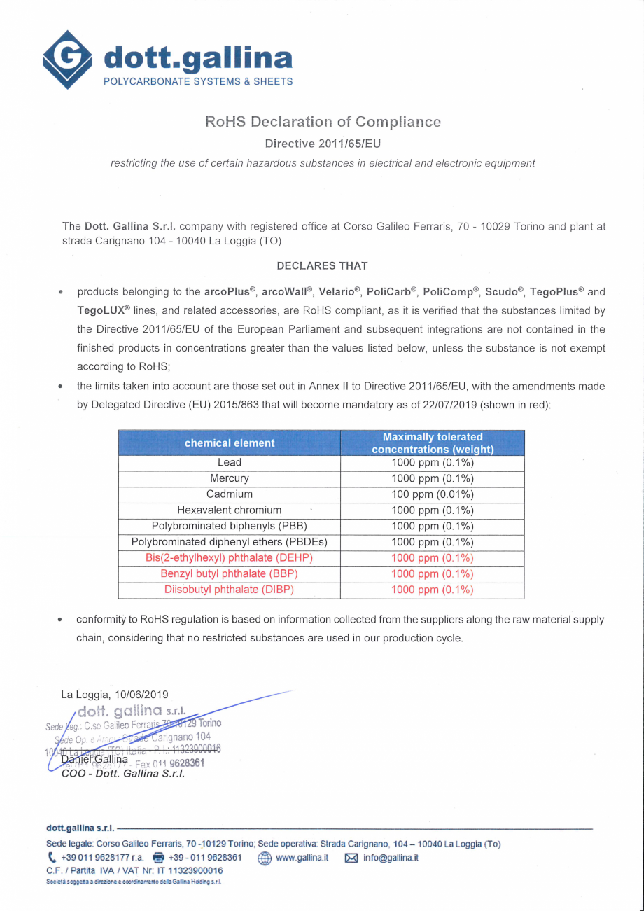 Pagina 1-Declaratie de conformitate RoHS pentru policarbonatul celular DOTT GALLINA DOTT GALLINA Certificare ...