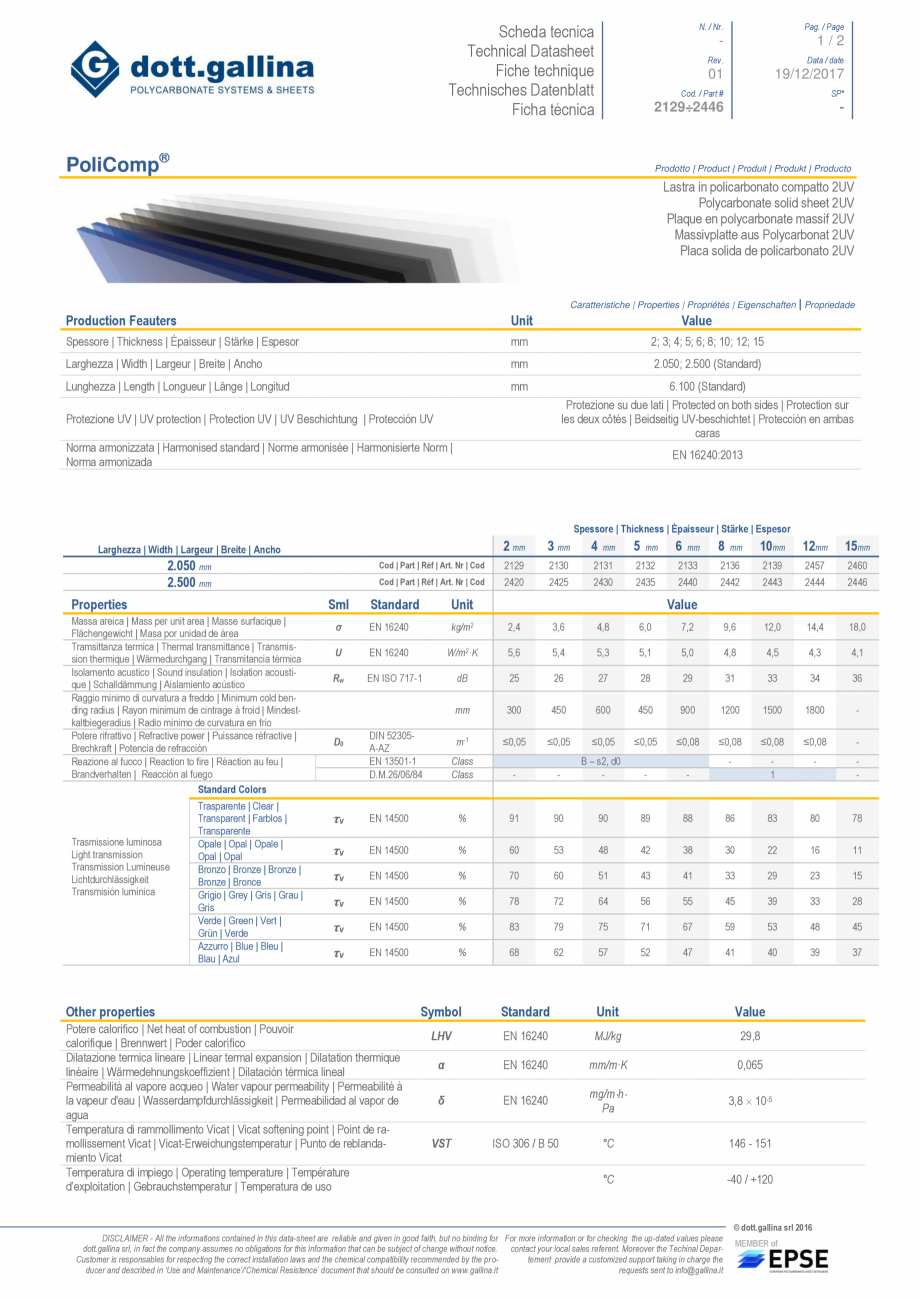 Pagina 1-Policarbonat compact DOTT GALLINA DOTT GALLINA Fisa tehnica Engleza, Franceza, Germana, Italiana,...