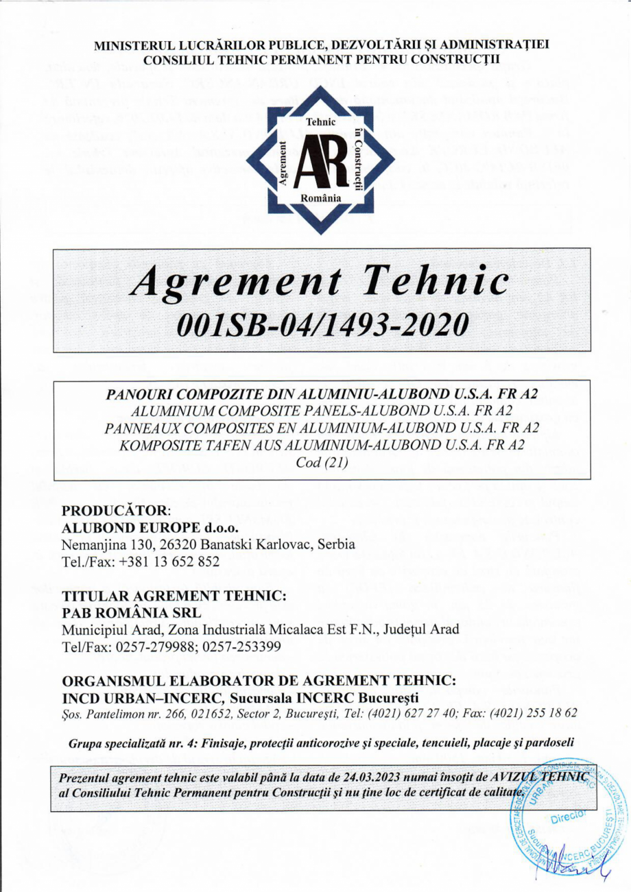Pagina 1 - Agrement Tehnic nr 001SB-04/1493-2020 PAB avizat favorabil in 24.03.2020 MONSENA ALUBOND ...