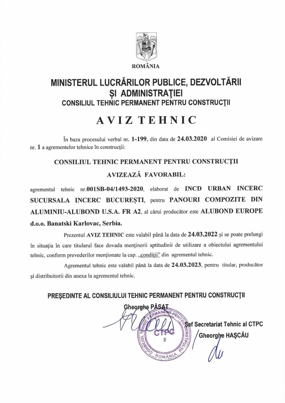 Pagina 1-Aviz tehnic pentru panouri compozite Alubond MONSENA ALUBOND EUROCLASS B, ALUBOND FR A2,...
