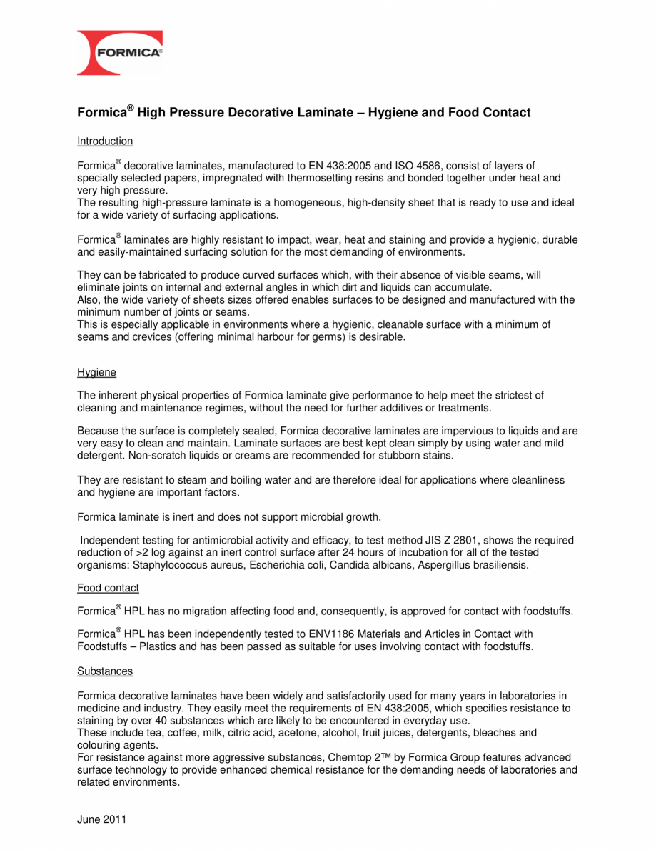 Pagina 1-Contactul cu alimentele - Placi HPL FORMICA COMPACT Certificare produs Engleza Formica® High...