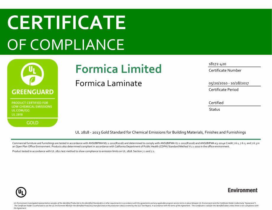 Pagina 1-Certificat de conformitate GREENGUARD - Placi HPL FORMICA COMPACT Certificare produs Engleza...