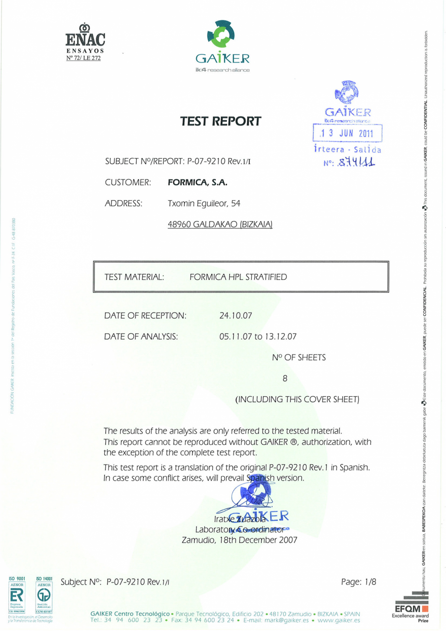 Pagina 1-Raport GAIKER - Contactul cu alimentele - Placi HPL FORMICA COMPACT Certificare produs Engleza...