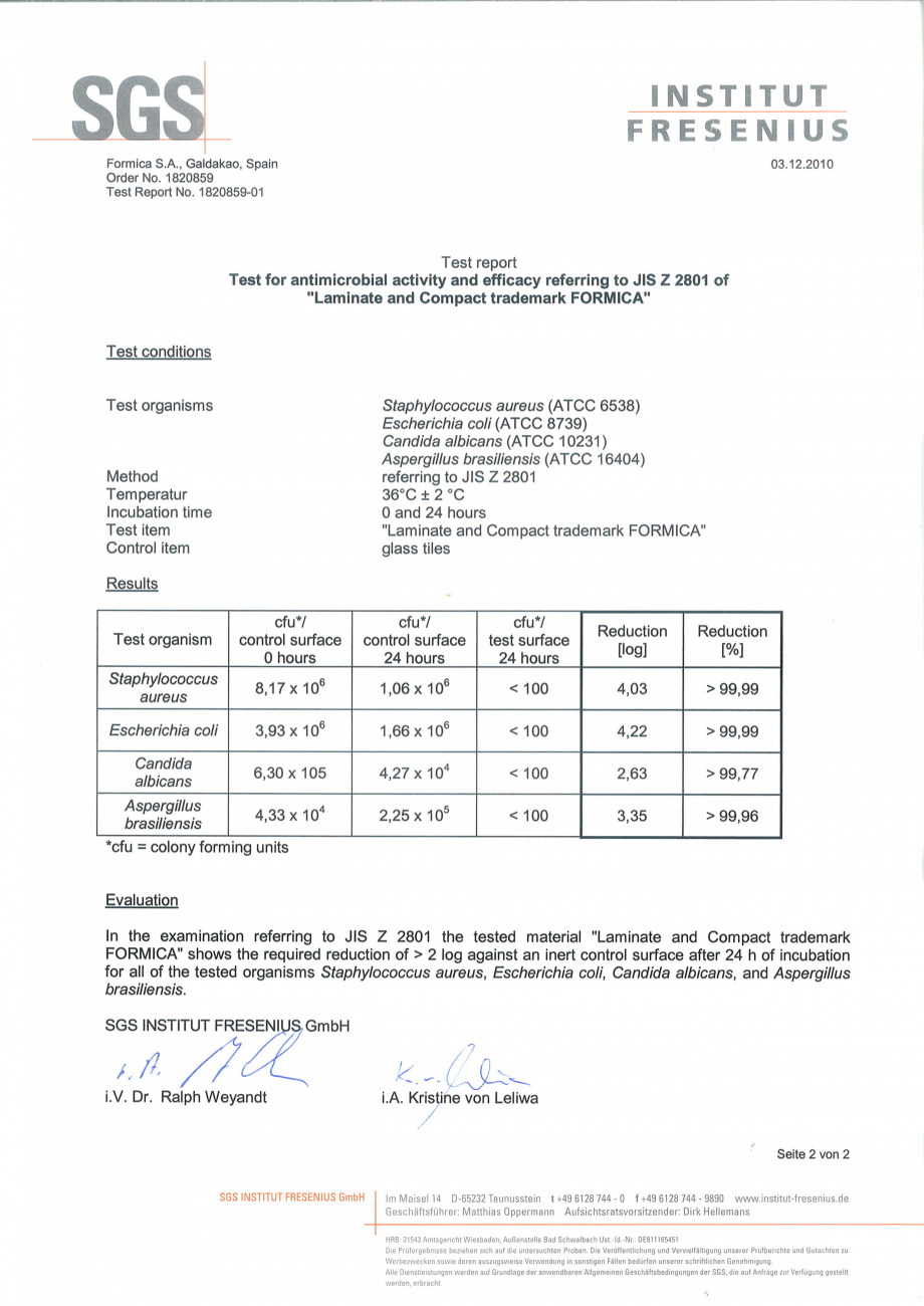 Pagina 1-Raport SGS - Activitate si eficacitate antimicrobiala - Placi HPL FORMICA COMPACT Certificare produs...