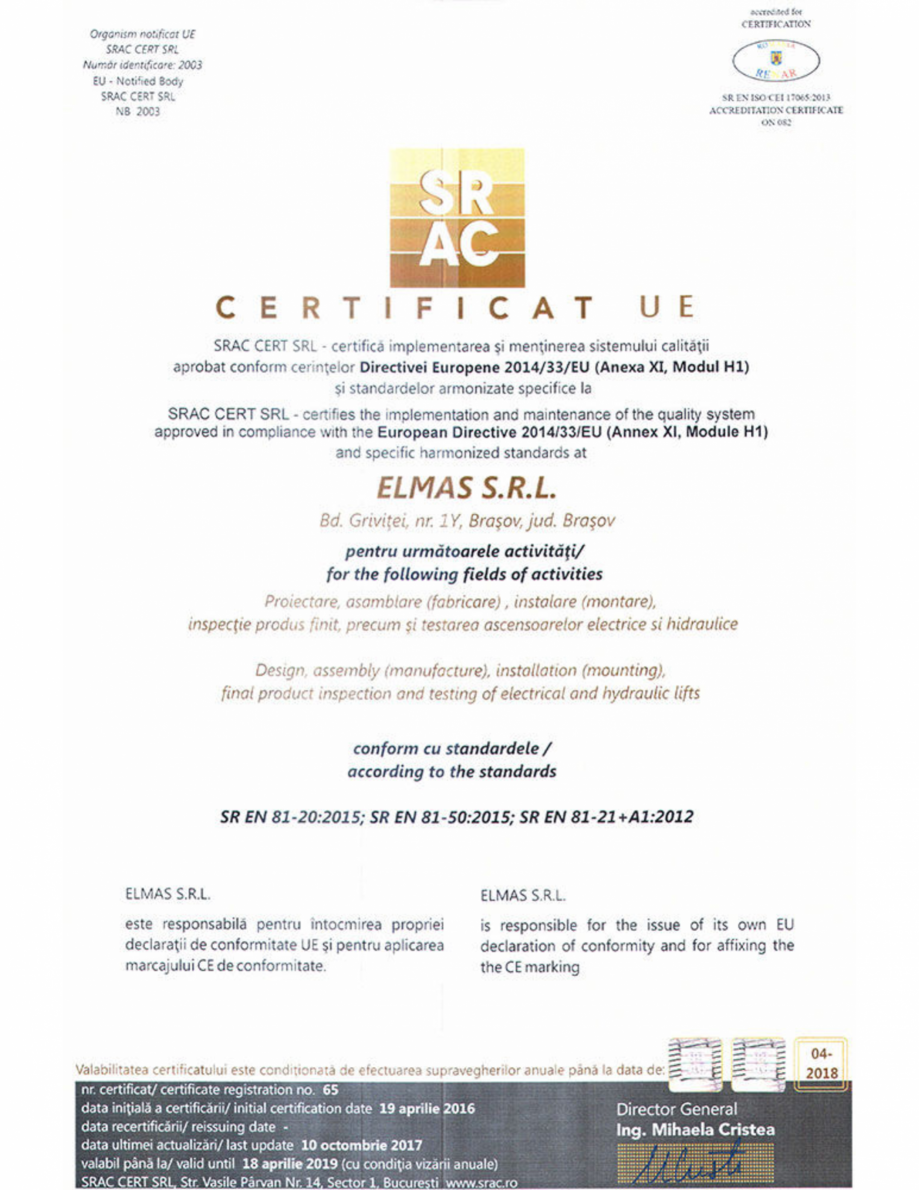 Pagina 1-Certificat UE -SR EN 81-20:2015, SR EN 81-50:2015, SR En 81-21, A1:2012  ELMAS CIRRO "A", ...