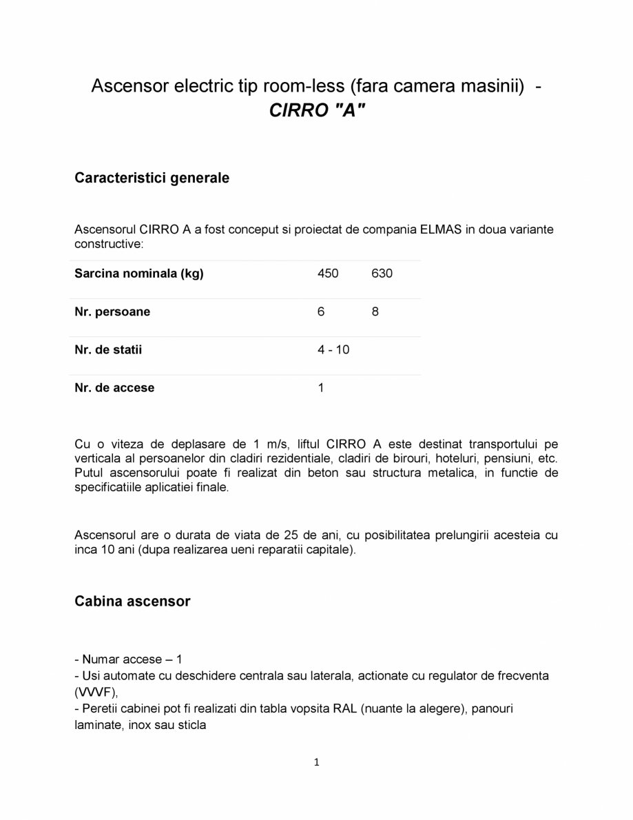 Pagina 1-Ascensor electric tip room-less ELMAS CIRRO "A" Fisa tehnica Romana Ascensor electric tip ...