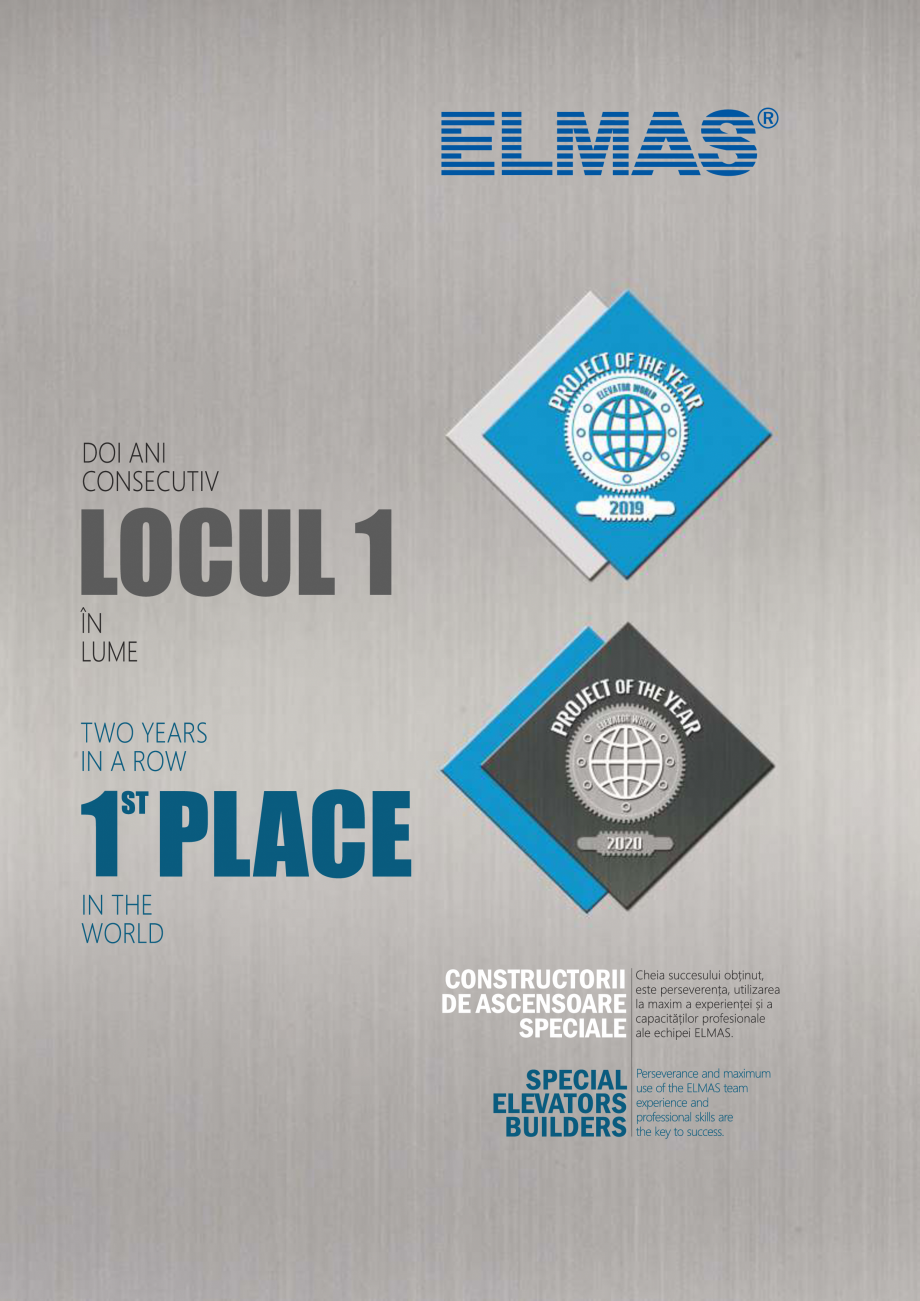 Pagina 1-Constructorii de ascensoare - Locul 1 in lume ELMAS Catalog, brosura Engleza, Romana 
